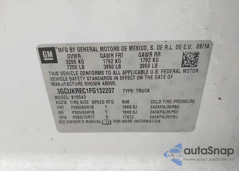 2015 Chevrolet Silverado 1500 2Lt z USA, uszkodzony, nr VIN 3GCUKREC1FG132207